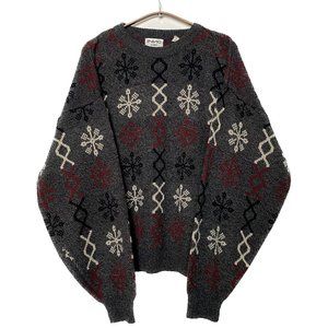 Vintage Graphic Sweater Men XL Grey Red Snowflake Geo 80s 90s Intarsia Retro